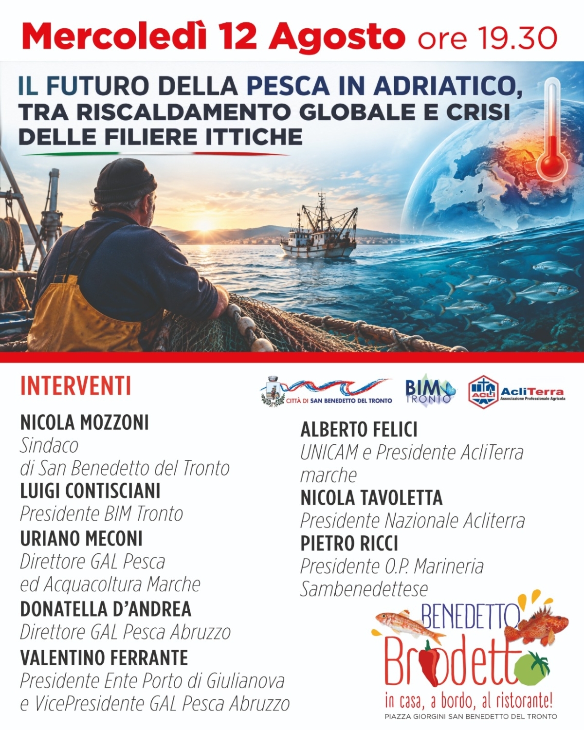 SAN BENEDETTO DEL TRONTO, AL VIA IL CONVEGNO "IL FUTURO DELLA PESCA IN ADRIATICO, TRA RISCALDAMENTO GLOBALE E CRISI DELLE FILIERE ITTICHE"