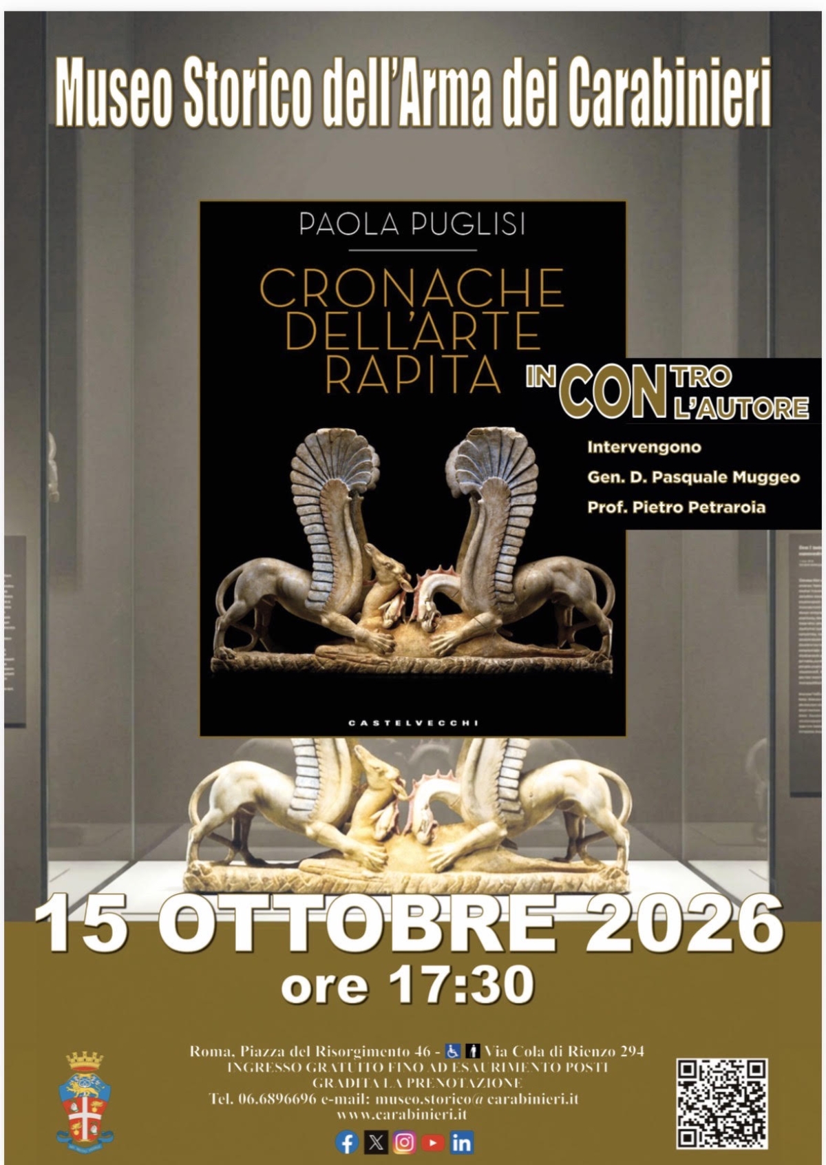 Presentazione del libro “Cronache dell’arte rapita” di Paola Puglisi al Museo Storico dell’Arma dei Carabinieri